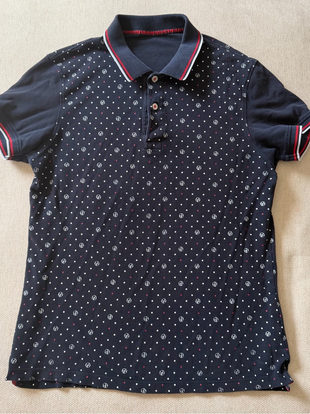 Carolina Herrera Navy Polo with White and Red Dot Pattern
